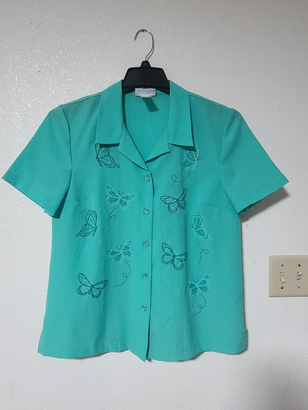 Blair Turquoise Short-Sleeve Button Down with Butterfly Embroidery - Picture 1 of 6